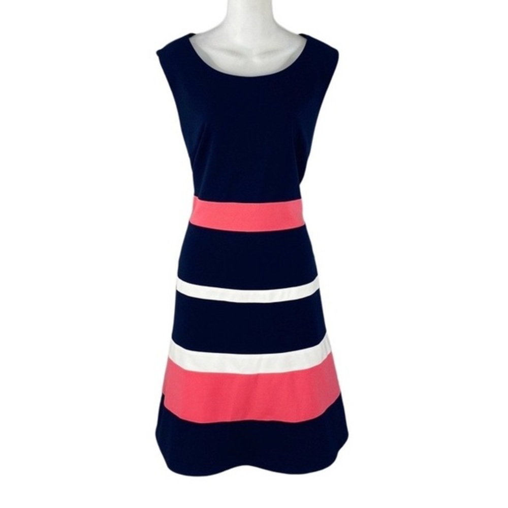 Tommy Hilfiger navy pink white color block stripe stretch a-line dress 18 LL22